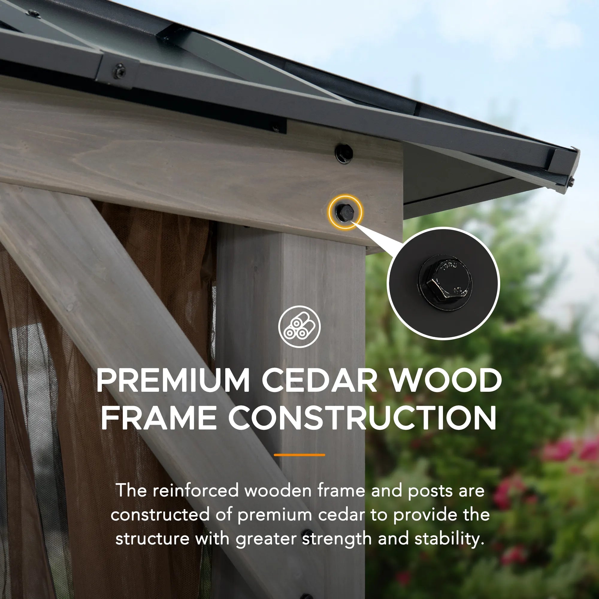 SUNJOY 10x12 Cedar Wood Gazebo with Galvanized Steel Roof, LED String Lights & Mosquito Netting - Black