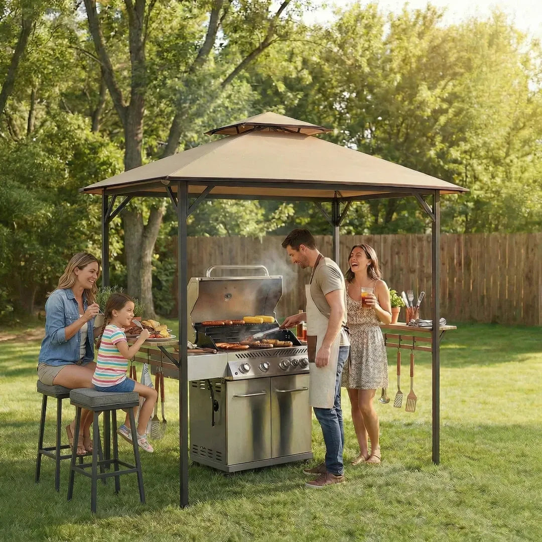 Family gathered around a grill under a gazebo in a backyard setting