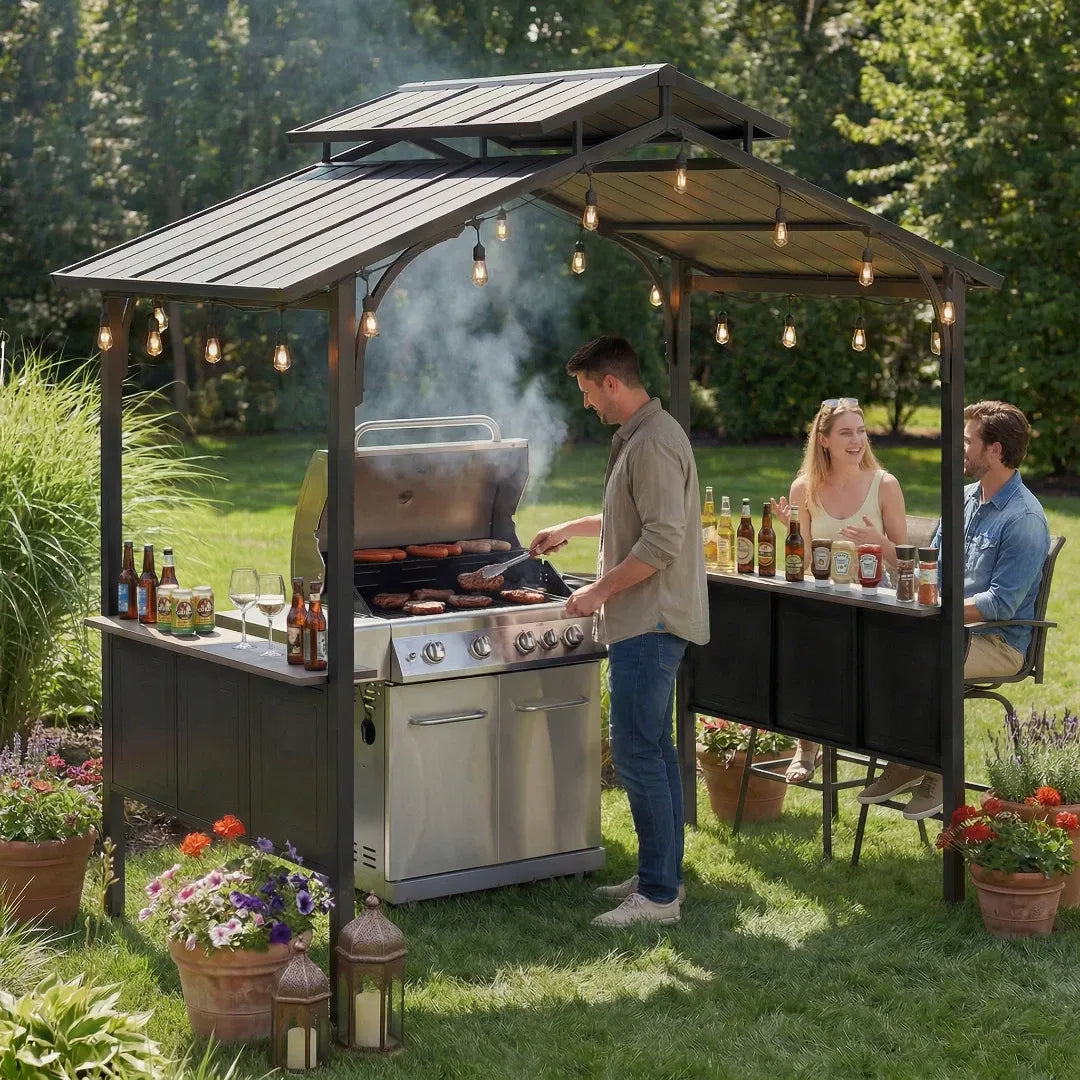 5x8 hardtop grill gazebo kitchen setup with grill and people in a garden