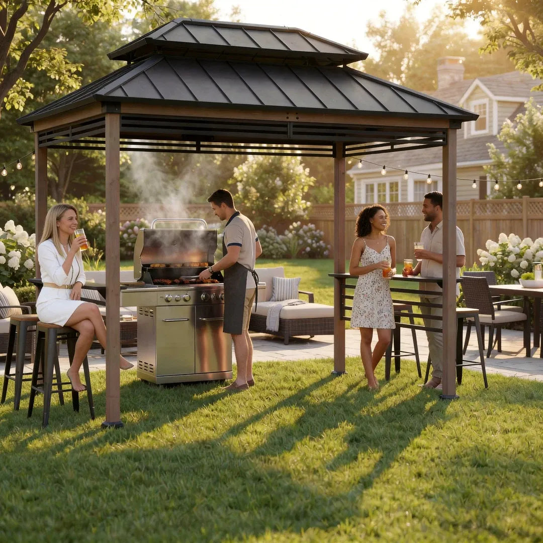 People gathered around a grill under a gazebo in a backyard setting.