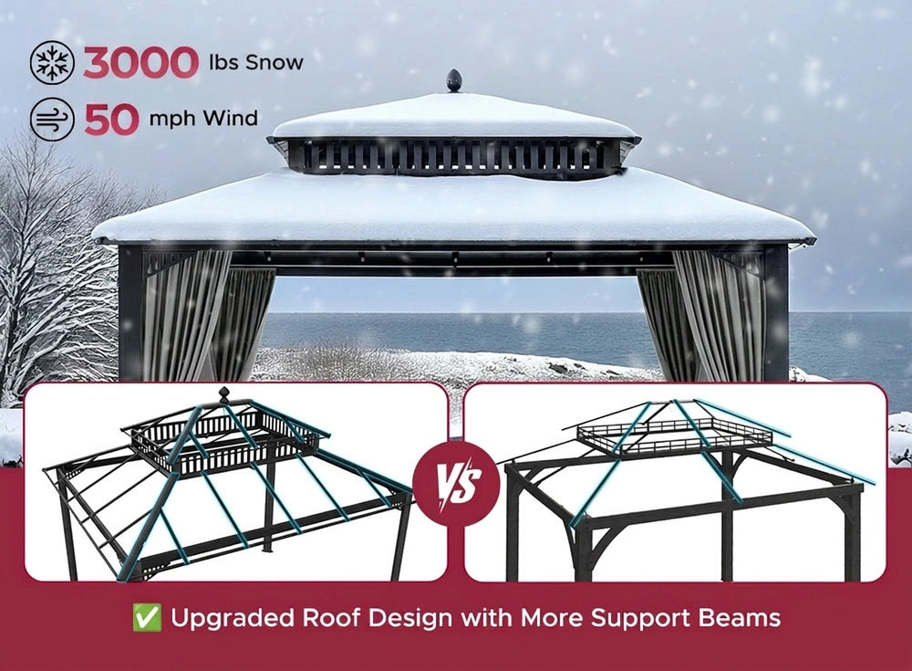 SUNJOY Kingston 12x10 Gazebo with Netting & Curtain | Steel Roof with Extra-Tall & Oversized Vent Top - Gray Aluminum Posts