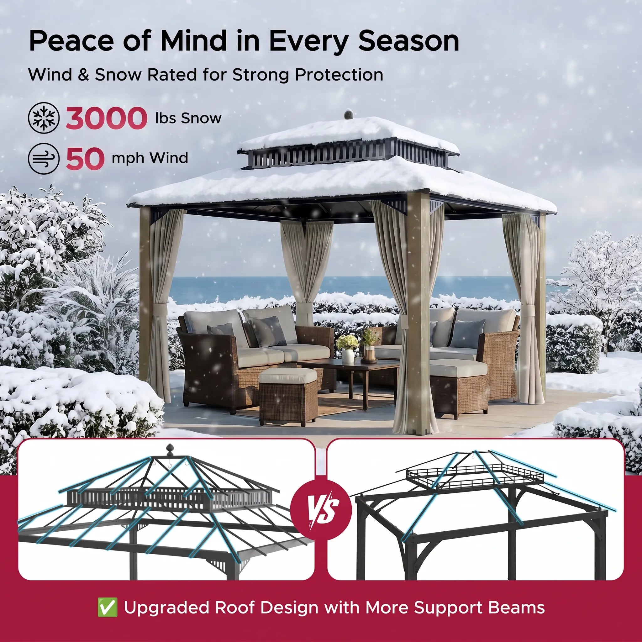SUNJOY Kingston 12x10 Gazebo with Netting & Curtain | Steel Roof with Extra-Tall & Oversized Vent Top - Ceadr Wood Posts