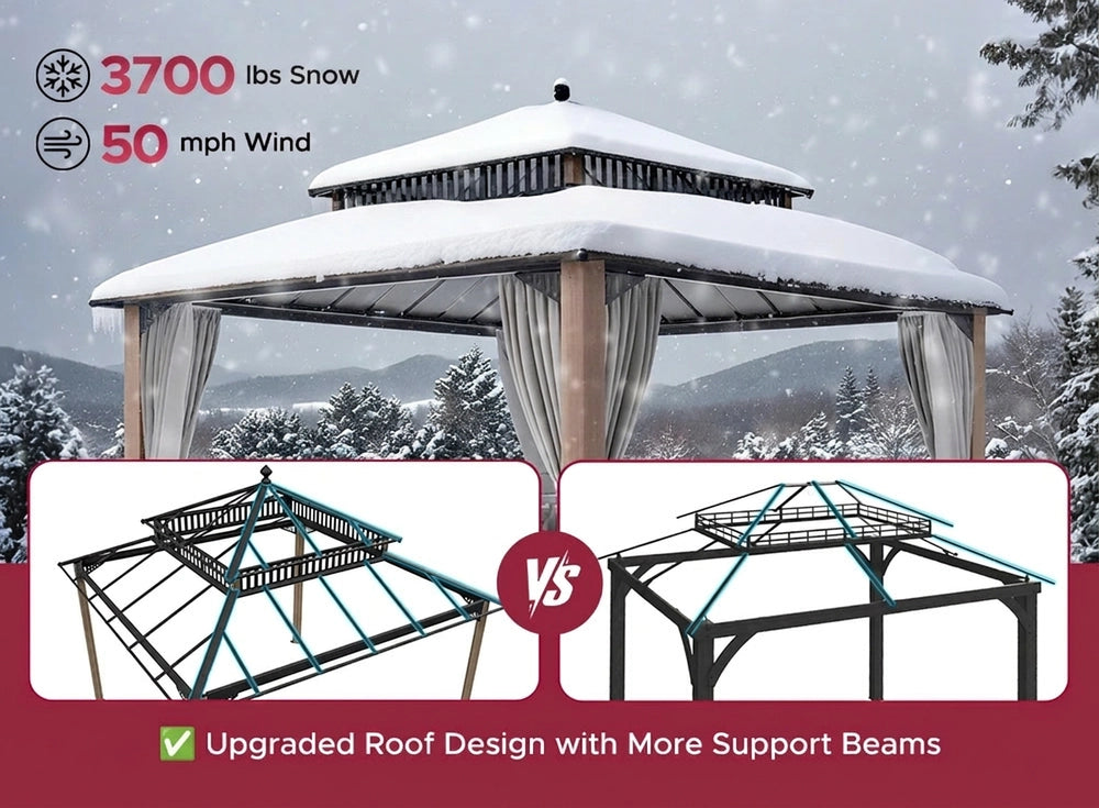 SUNJOY Kingston 12x12 Gazebo with Netting & Curtain | Steel Roof with Extra-Tall & Oversized Vent Top - Woodgrain Aluminum Posts