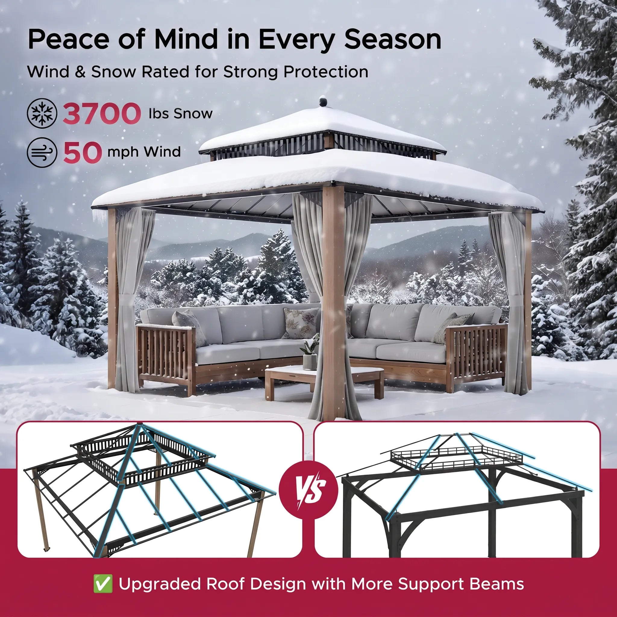 SUNJOY Kingston 12x12 Gazebo with Netting & Curtain | Steel Roof with Extra-Tall & Oversized Vent Top - Woodgrain Aluminum Posts