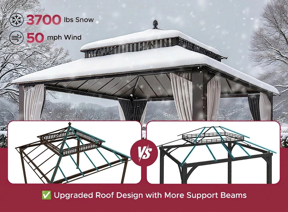 SUNJOY Kingston 12x12 Gazebo with Netting & Curtain | Steel Roof with Extra-Tall & Oversized Vent Top - Brown Aluminum Posts