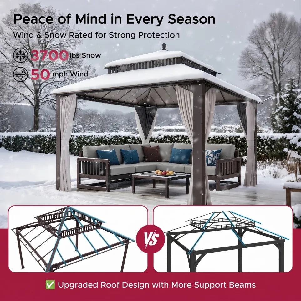 SUNJOY Kingston 12x12 Gazebo with Netting & Curtain | Steel Roof with Extra-Tall & Oversized Vent Top - Brown Aluminum Posts