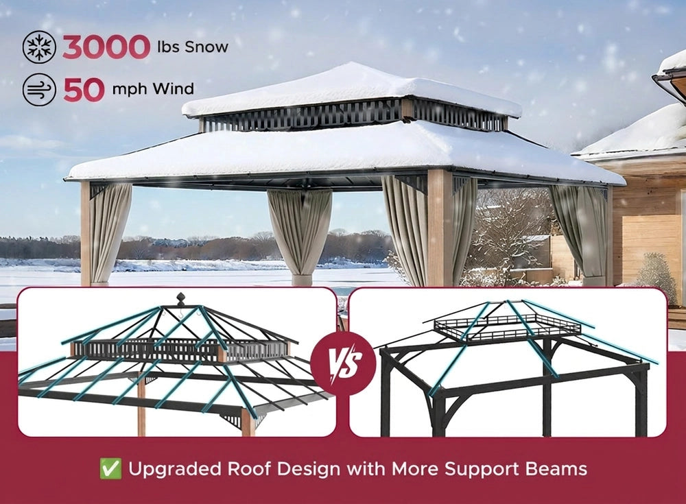 SUNJOY Kingston 12x14 Gazebo with Netting & Curtain | Steel Roof with Extra-Tall & Oversized Vent Top - Woodgrain Aluminum Posts