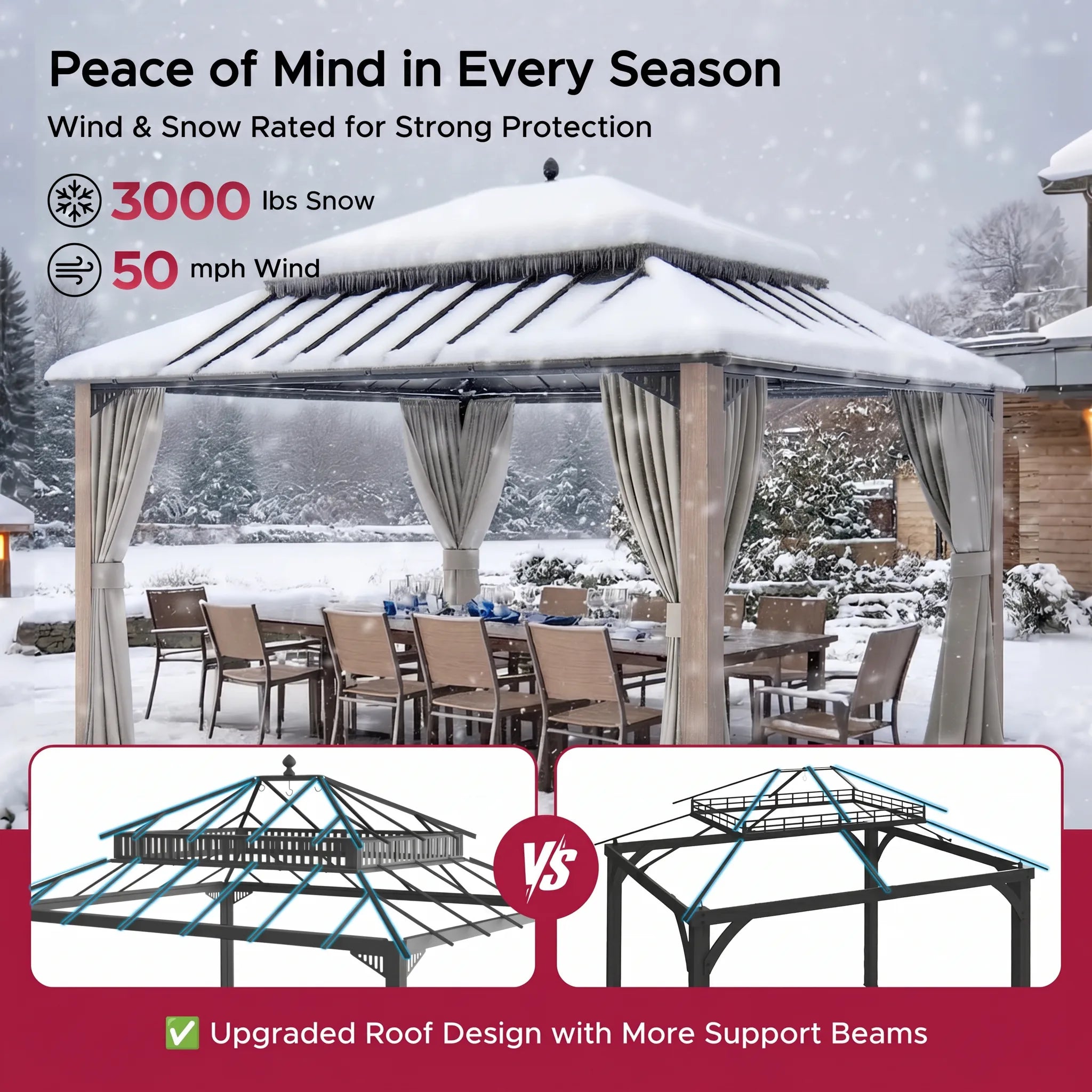SUNJOY Kingston 12x14 Gazebo with Netting & Curtain | Steel Roof with Extra-Tall & Oversized Vent Top - Woodgrain Aluminum Posts