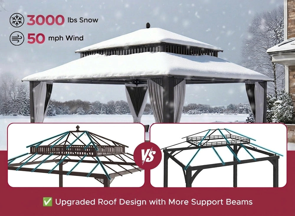 SUNJOY Kingston 12x14 Gazebo with Netting & Curtain | Steel Roof with Extra-Tall & Oversized Vent Top - Brown Aluminum Posts