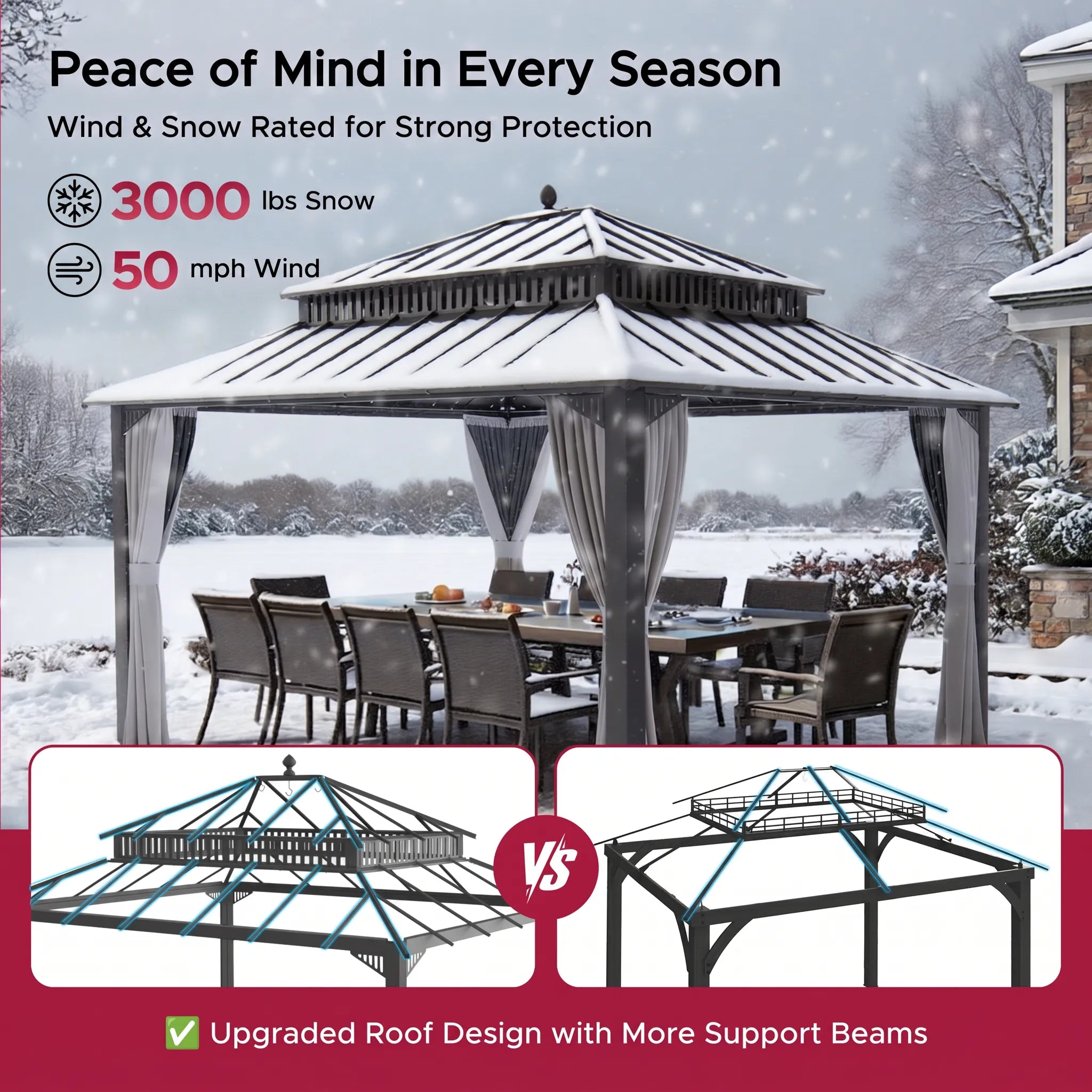 SUNJOY Kingston 12x14 Gazebo with Netting & Curtain | Steel Roof with Extra-Tall & Oversized Vent Top - Brown Aluminum Posts