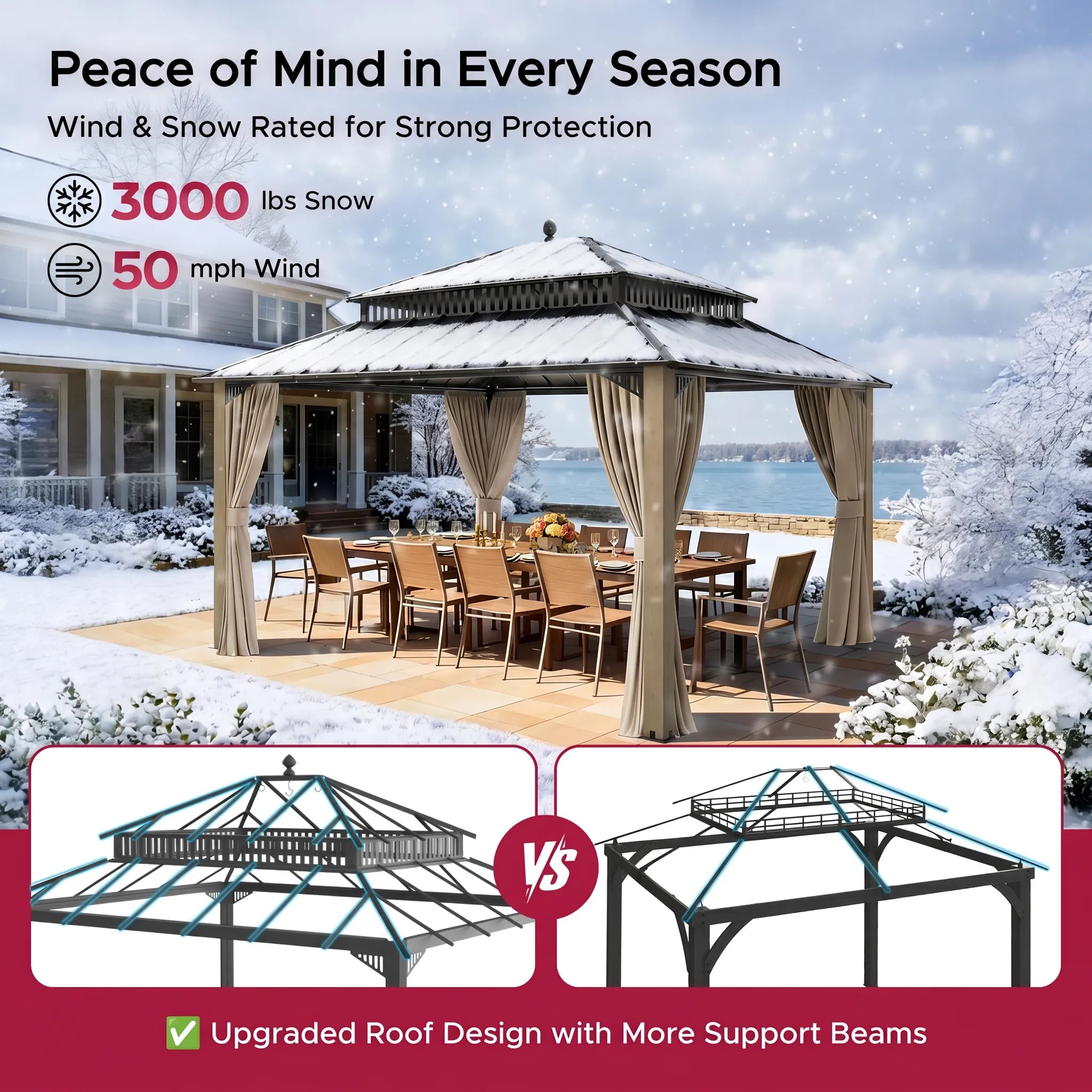 SUNJOY Kingston 12x14 Gazebo with Netting & Curtain | Steel Roof with Extra-Tall & Oversized Vent Top - Cedar Wood Posts