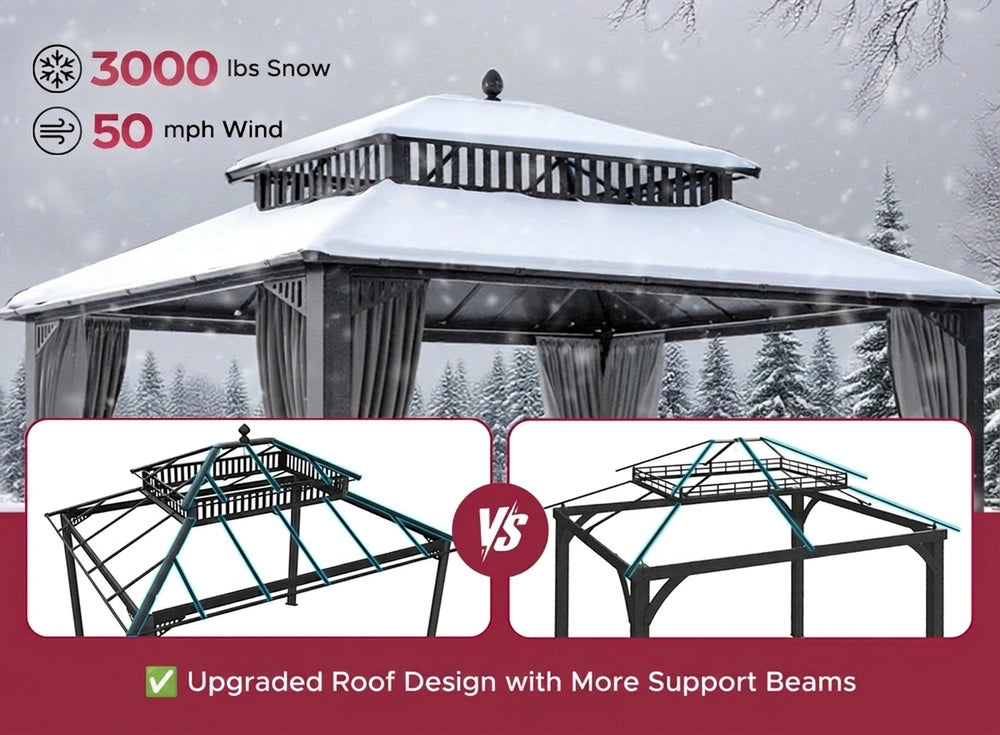SUNJOY Kingston 12x10 Gazebo with Netting & Curtain | Steel Roof with Extra-Tall & Oversized PC Vent Top - Gray Aluminum Posts