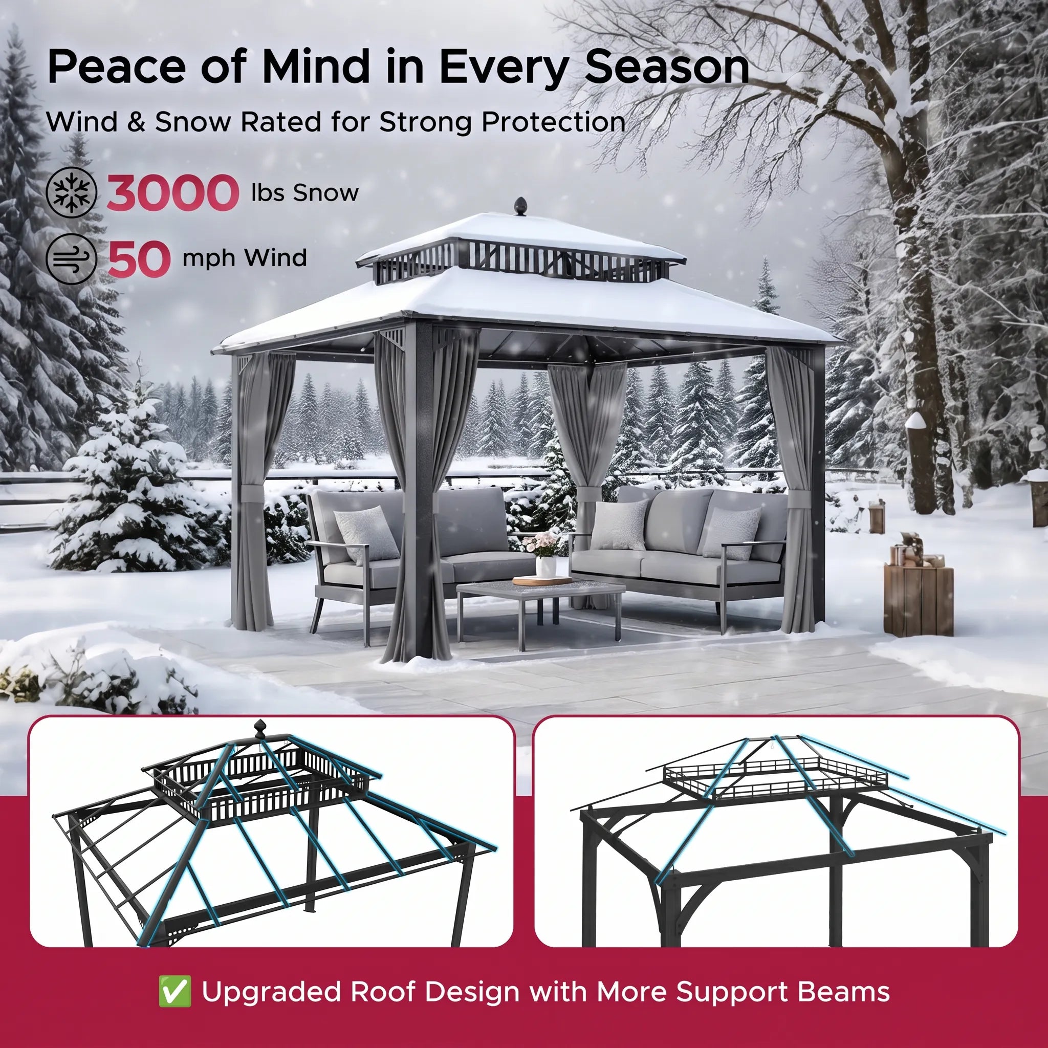 SUNJOY Kingston 12x10 Gazebo with Netting & Curtain | Steel Roof with Extra-Tall & Oversized PC Vent Top - Gray Aluminum Posts