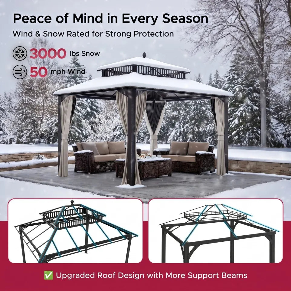 SUNJOY Kingston 12x10 Gazebo with Netting & Curtain | Steel Roof with Extra-Tall & Oversized PC Vent Top - Brown Aluminum Posts