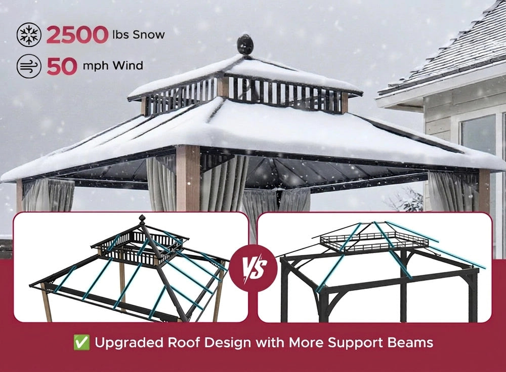 SUNJOY Kingston 10x10 Gazebo with Netting & Curtain | Steel Roof with Extra-Tall & Oversized PC Vent Top - Woodgrain Aluminum Posts