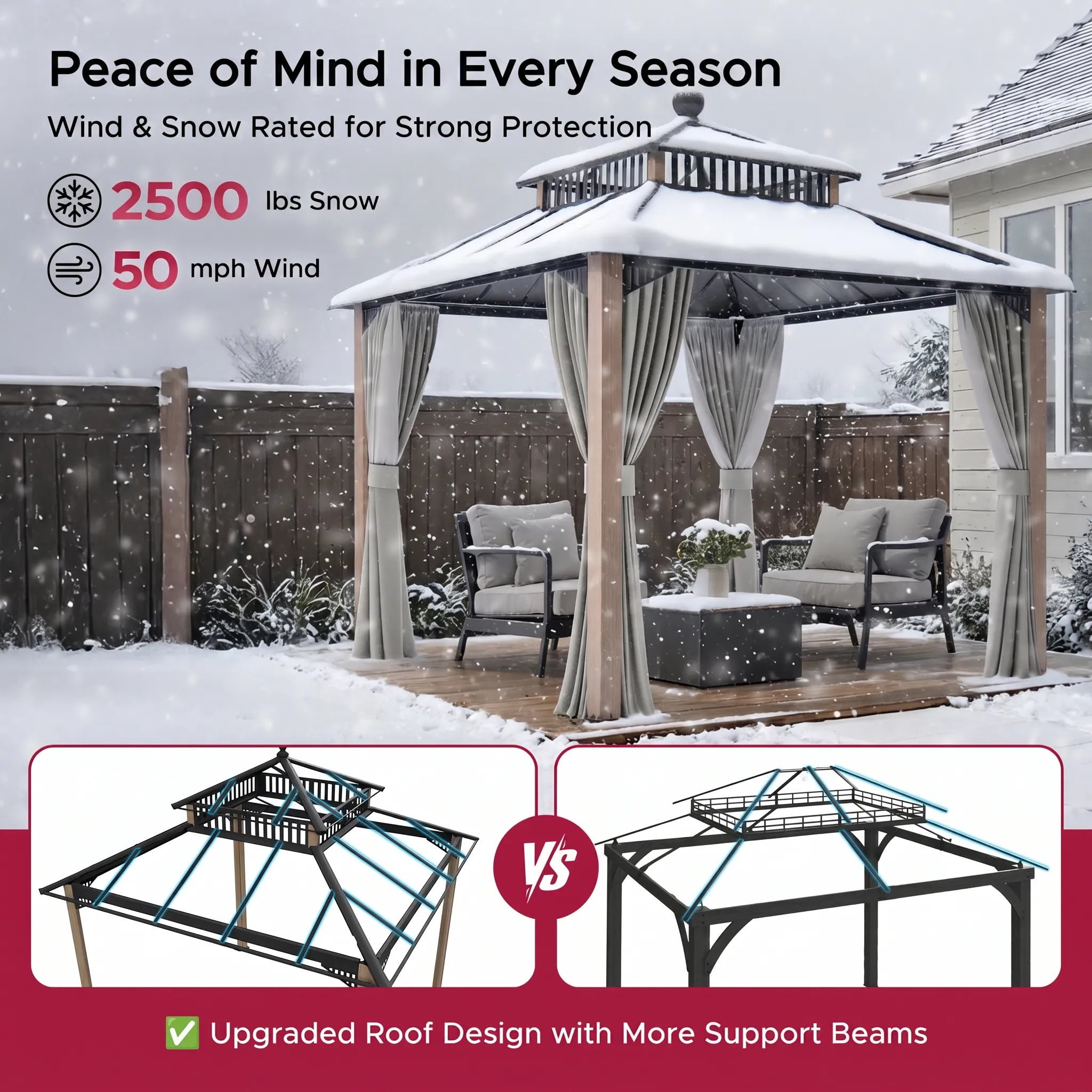 SUNJOY Kingston 10x10 Gazebo with Netting & Curtain | Steel Roof with Extra-Tall & Oversized PC Vent Top - Woodgrain Aluminum Posts