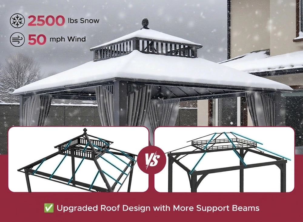 SUNJOY Kingston 10x10 Gazebo with Netting & Curtain | Steel Roof with Extra-Tall & Oversized PC Vent Top - Gray Aluminum Posts