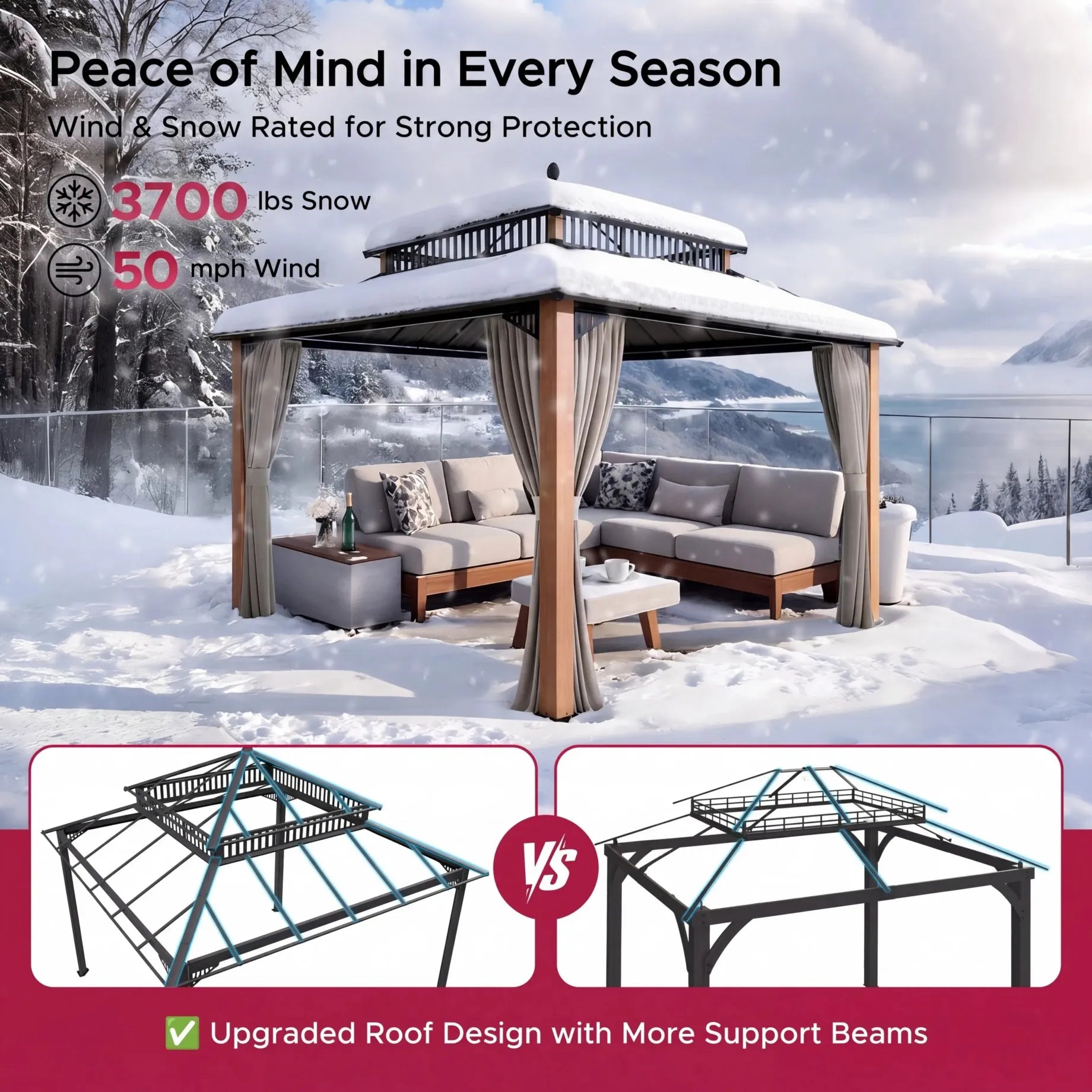SUNJOY Kingston 12x12 Gazebo with Netting & Curtain | Steel Roof with Extra-Tall & Oversized PC Vent Top - Woodgrain Aluminum Posts