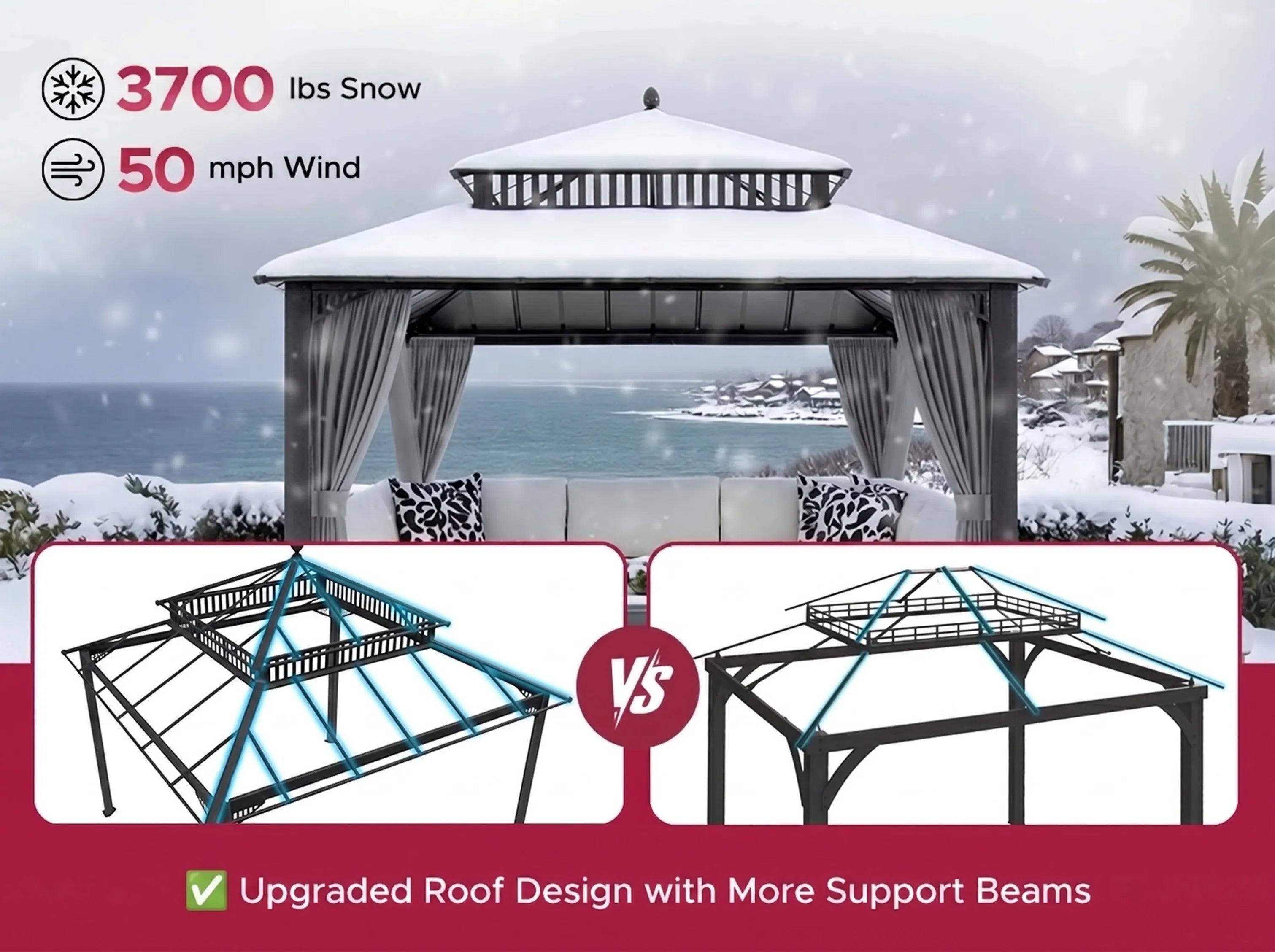 SUNJOY Kingston 12x12 Gazebo with Netting & Curtain | Steel Roof with Extra-Tall & Oversized PC Vent Top - Gray Aluminum Posts