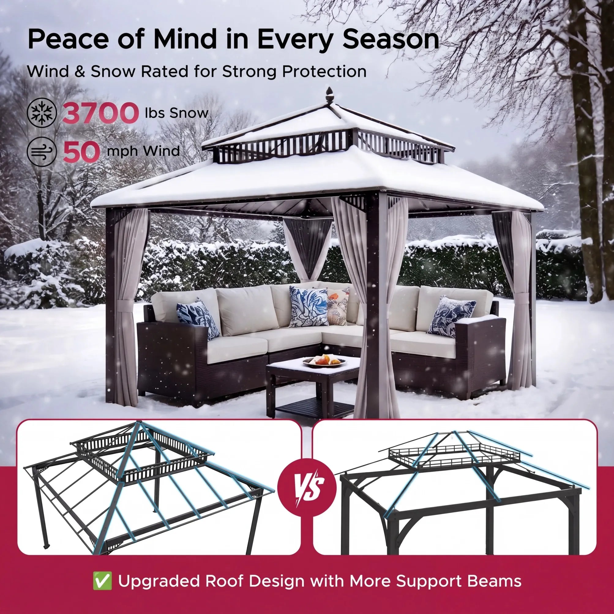 SUNJOY Kingston 12x12 Gazebo with Netting & Curtain | Steel Roof with Extra-Tall & Oversized PC Vent Top - Brown Aluminum Posts
