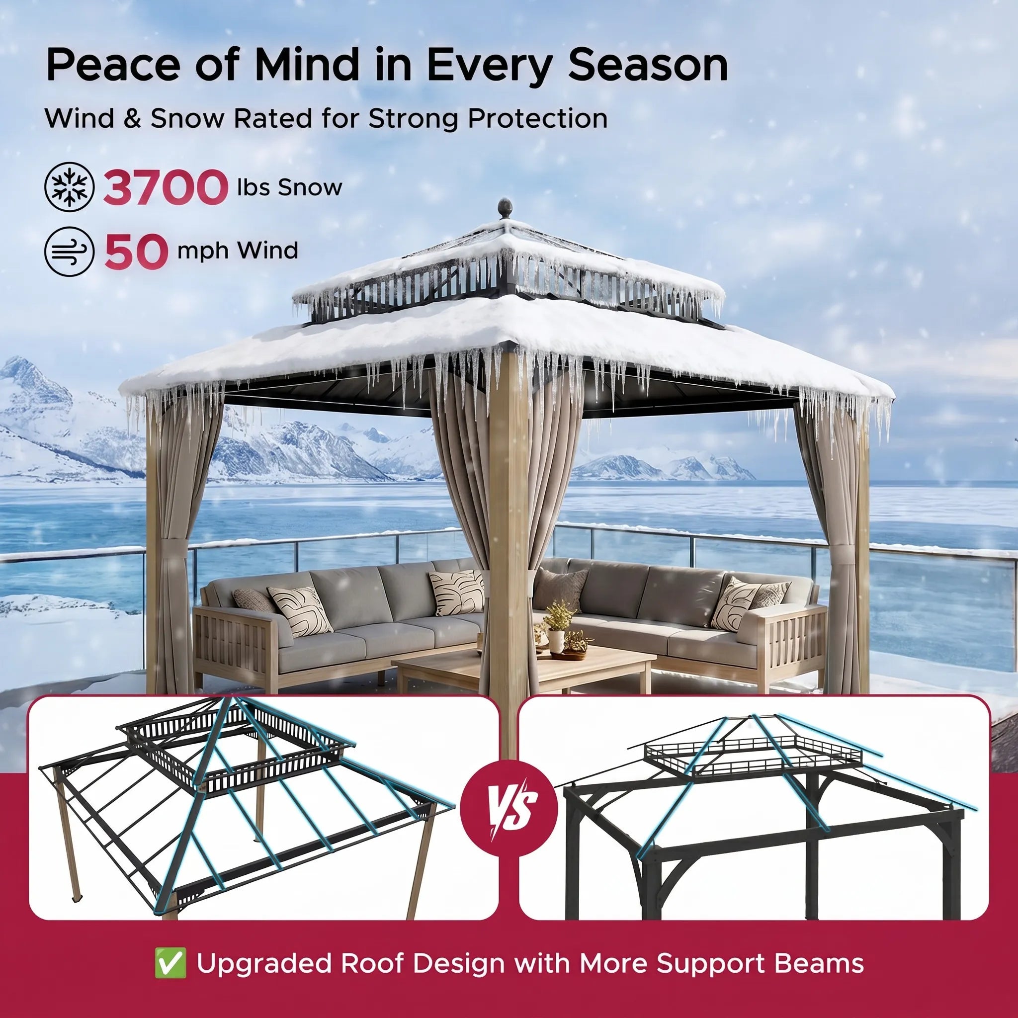 SUNJOY Kingston 12x12 Gazebo with Netting & Curtain | Steel Roof with Extra-Tall & Oversized PC Vent Top - Cedar Wood Posts