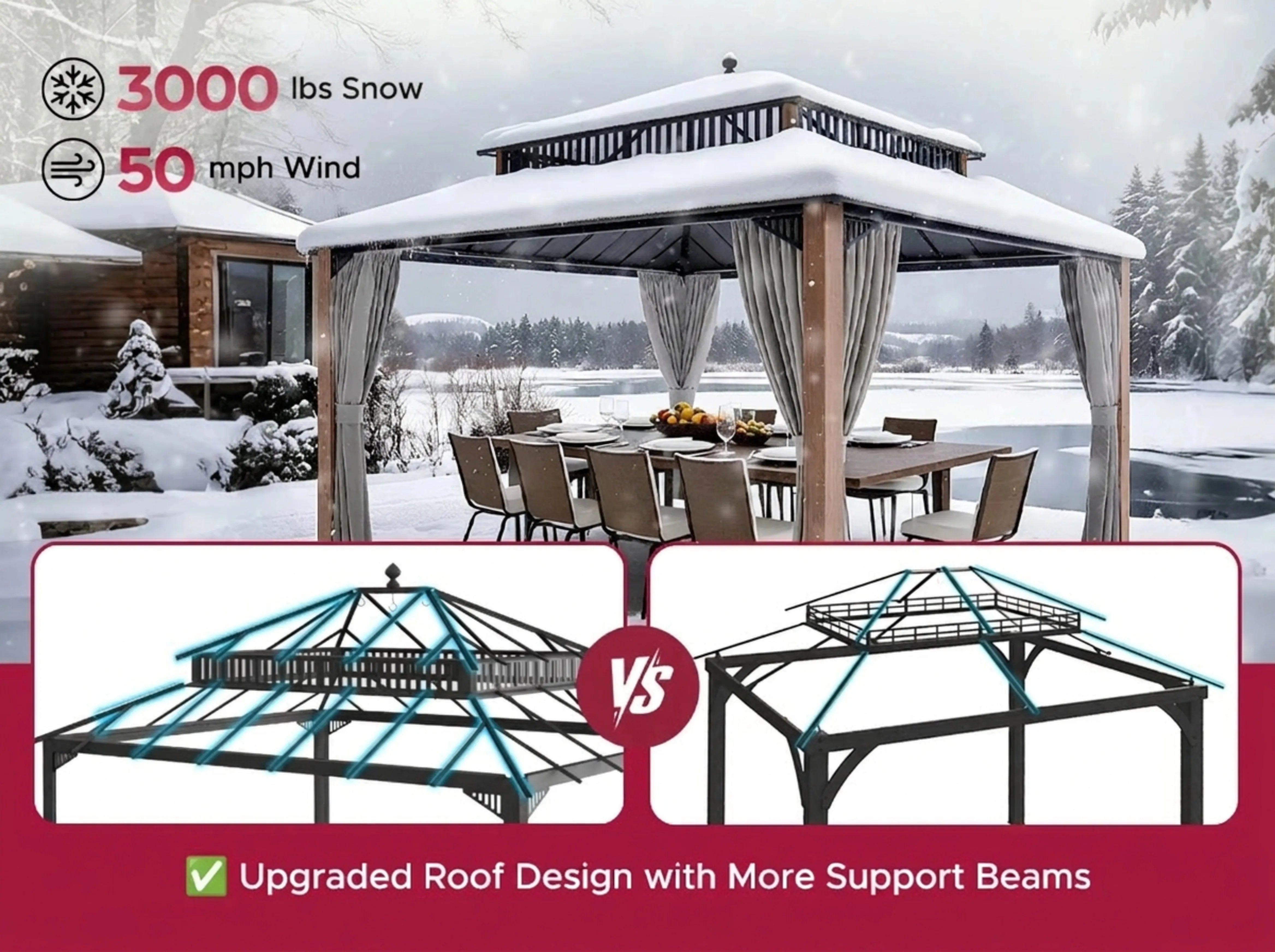 SUNJOY Kingston 12x14 Gazebo with Netting & Curtain | Steel Roof with Extra-Tall & Oversized PC Vent Top - Woodgrain Aluminum Posts