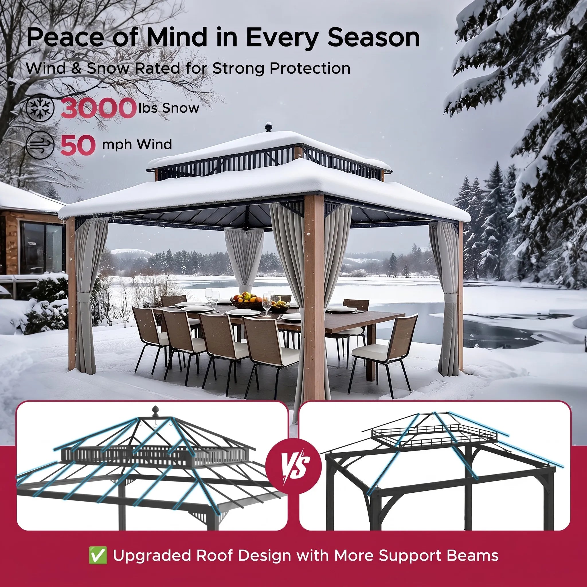 SUNJOY Kingston 12x14 Gazebo with Netting & Curtain | Steel Roof with Extra-Tall & Oversized PC Vent Top - Woodgrain Aluminum Posts