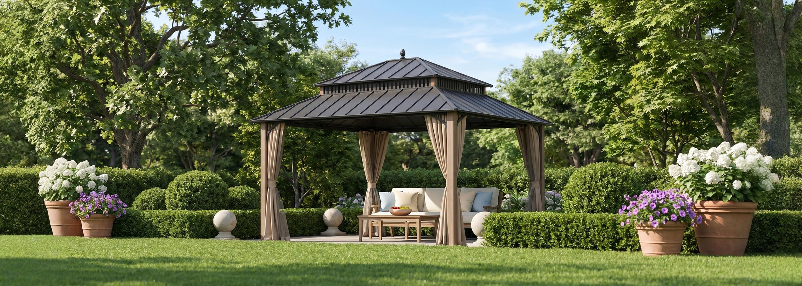 Wooden gazebo with outdoor furniture in a garden setting