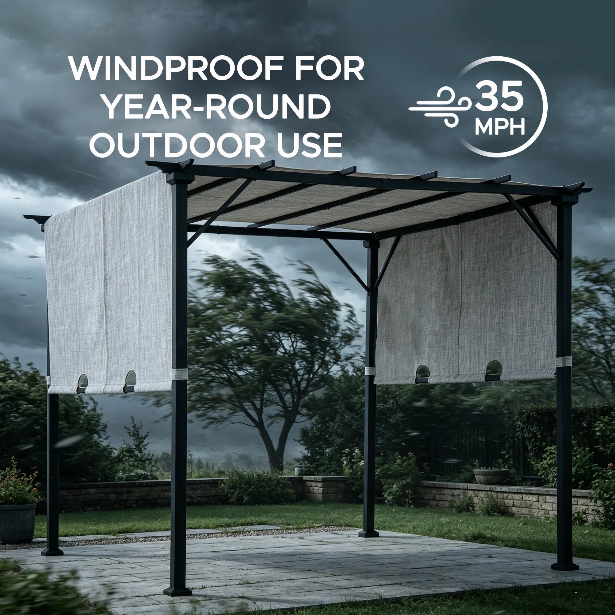 SUNJOY 9x9 Matte Black Steel Frame Pergola with Adjustable Canopy Roof - Light Gray