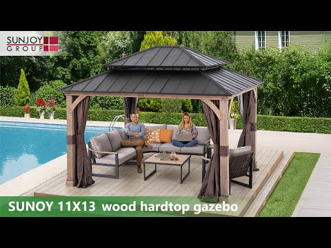 SUNJOY 11x13 Wooden Gazebo with Double Steel Roof, Nettings and Curtains