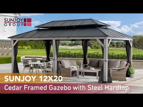 SUNJOY 12x20 Aluminum Hardtop Gazebo with Dual Rails and Ceiling Hook - Natural Cedar