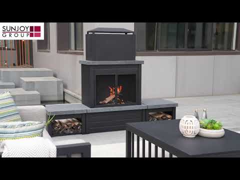 SUNJOY 58 Inch Modern Outdoor Fireplace with Chimney & Log Holders.
