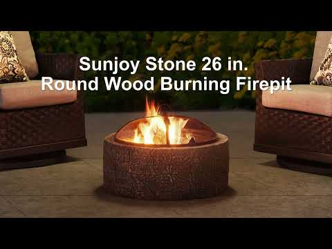 SUNJOY 26 Inch Small Outdoor Stone Firepit with Spark Screen and Poker.