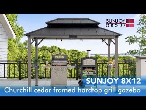 SUNJOY 8x12 Hardtop Grill Gazebo with Electrical Outlets and Shelves.