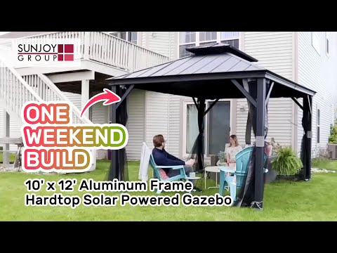 SUNJOY 10x12 Hardtop Gazebo with Solar Panel and Netting.