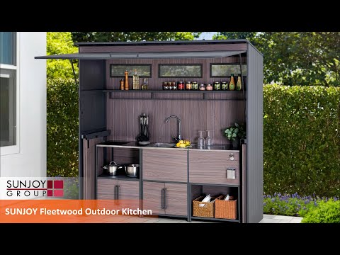 SUNJOY Fleetwood Outdoor Grill Kitchen with Outdoor Kitchen Cabinets, Shelves, and Sink Options.