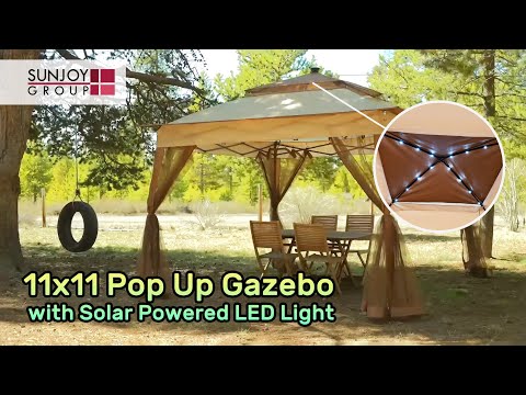 SUNJOY 11x11 Pop Up Portable Gazebo with Solar LED Lights and Netting.