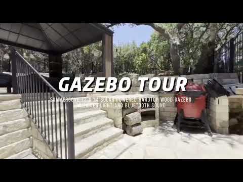 SUNJOY 12x14 Gazebo with Wood Shelves, Solar Speaker, and LED Lights.