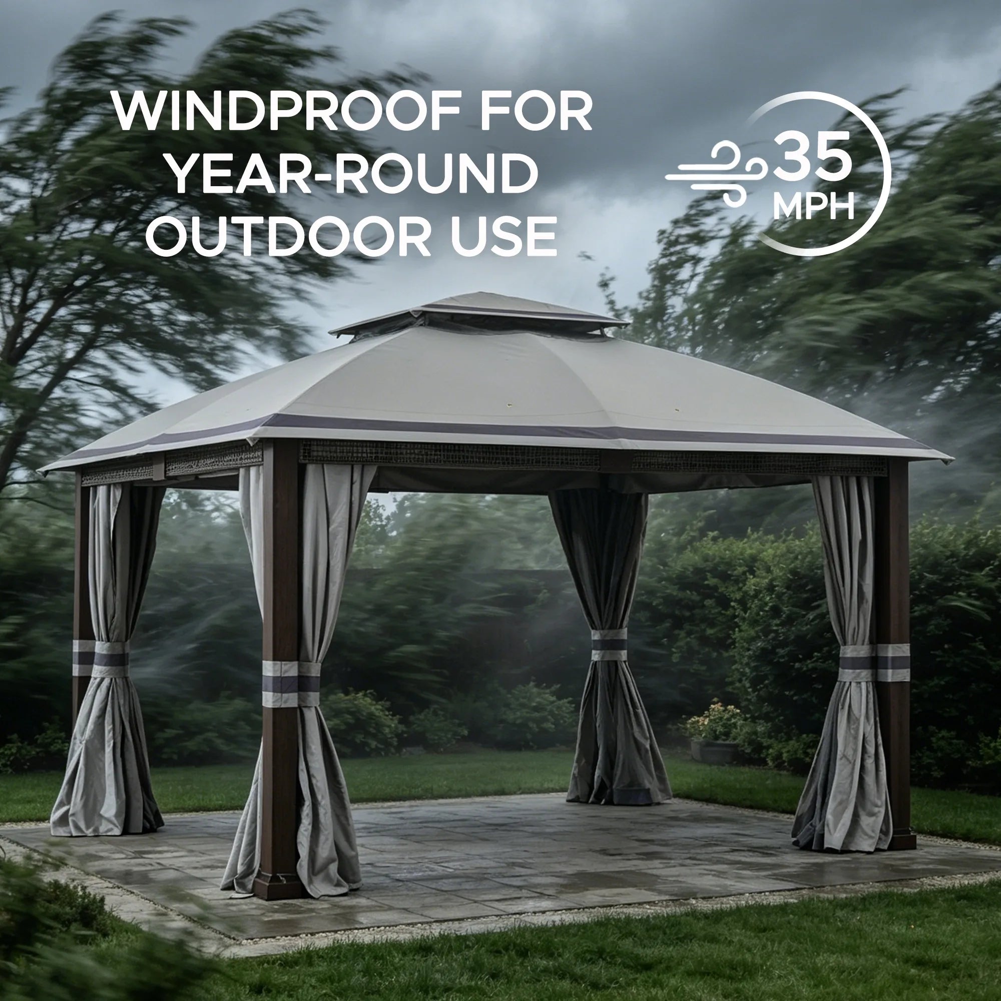 SUNJOY Outdoor Patio Steel Frame 11x13 Gazebo 2-Tier Soft Top Gazebo with Netting and Curtains - Gray
