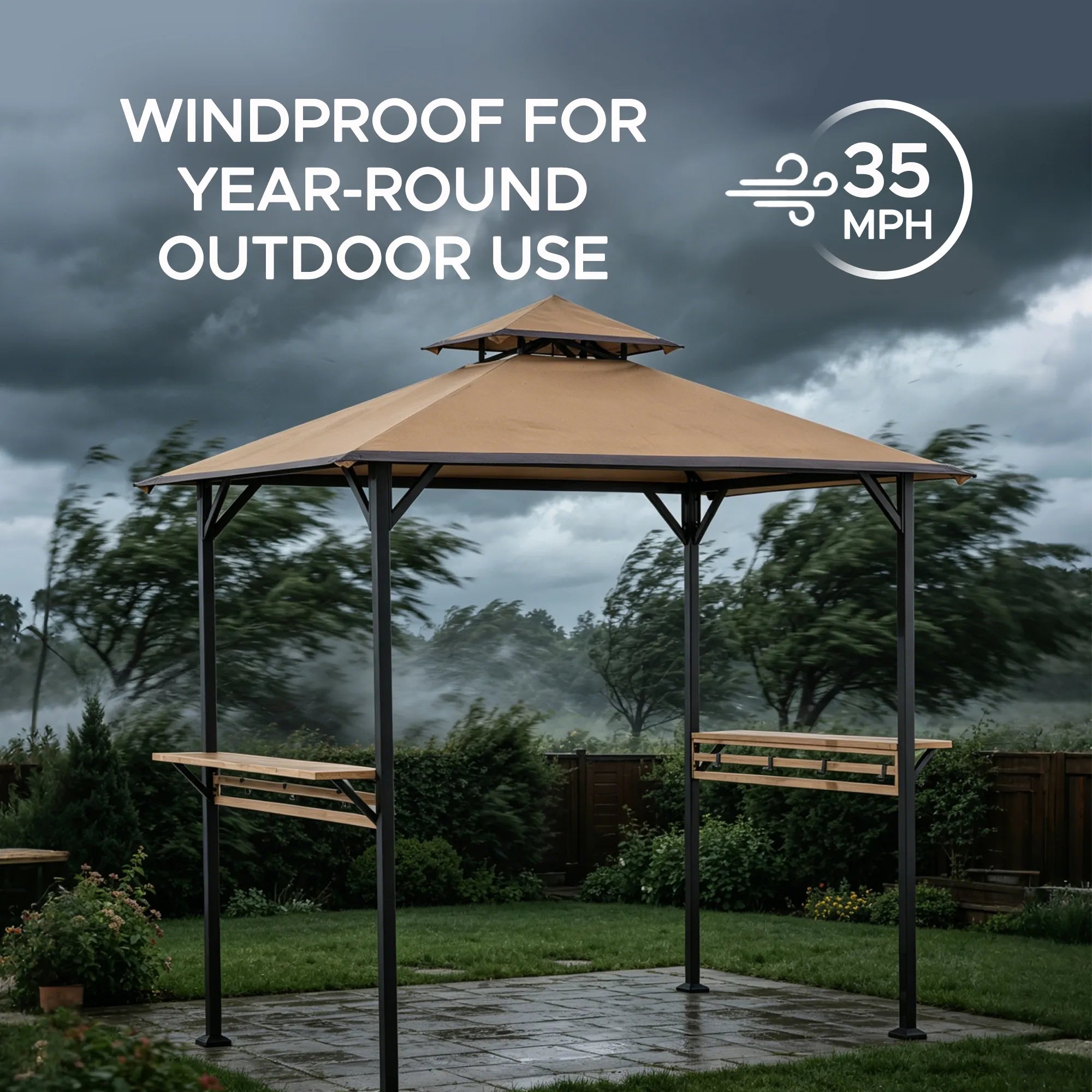 SUNJOY Outdoor Patio 8x5 Khaki 2-Tier Steel Backyard Soft Top Grill Gazebo with Bar Shelves and Hooks