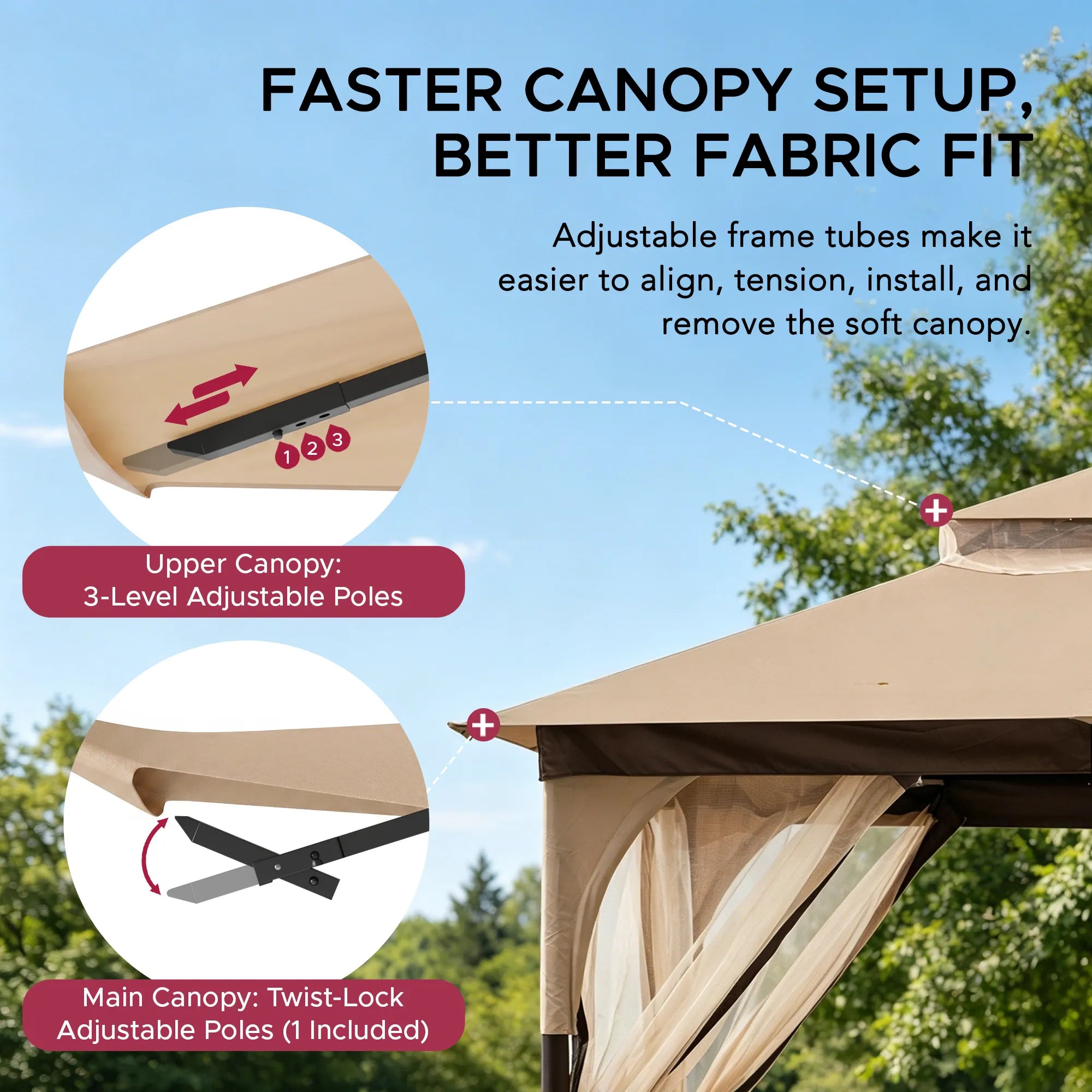 SUNJOY 9x9 Soft Top Garden Gazebo with Mosquito Netting - Beige & Brown