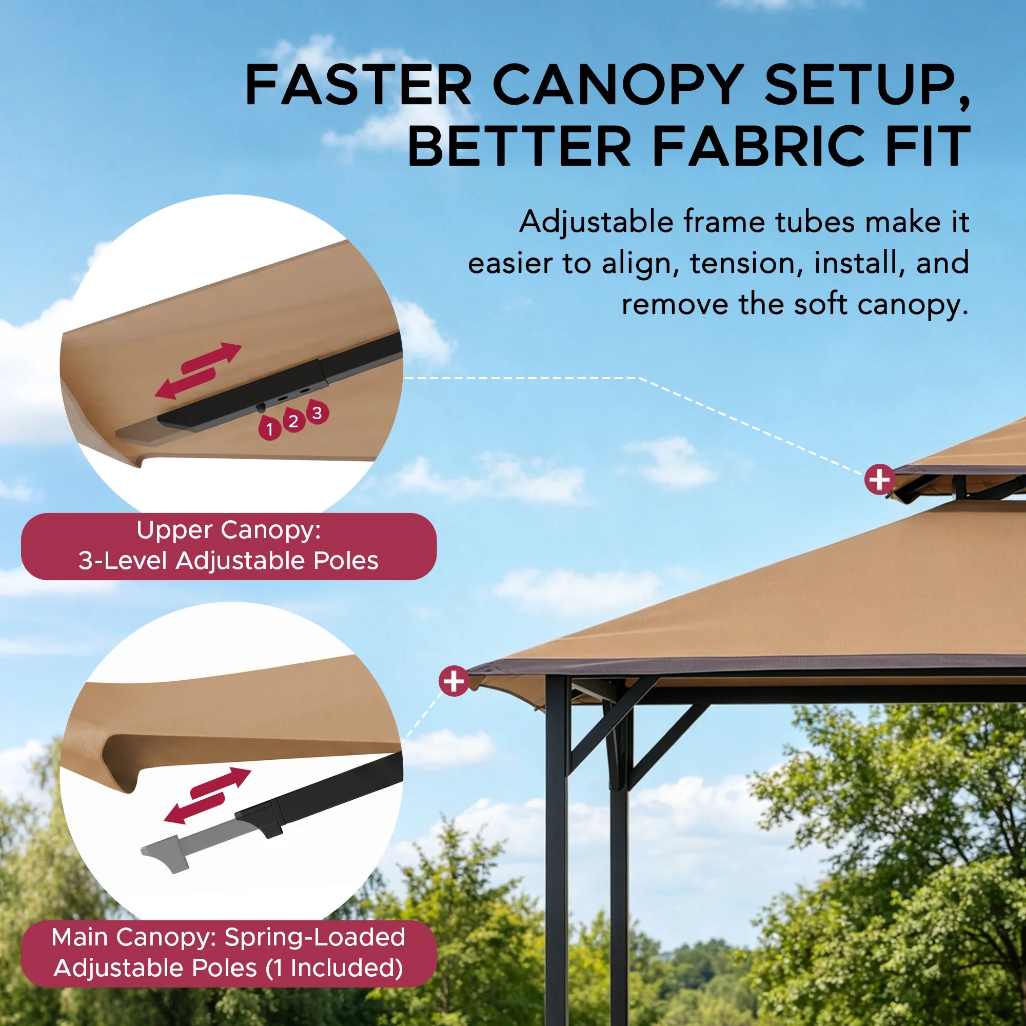 SUNJOY Outdoor Patio 8x5 Khaki 2-Tier Steel Backyard Soft Top Grill Gazebo with Bar Shelves and Hooks
