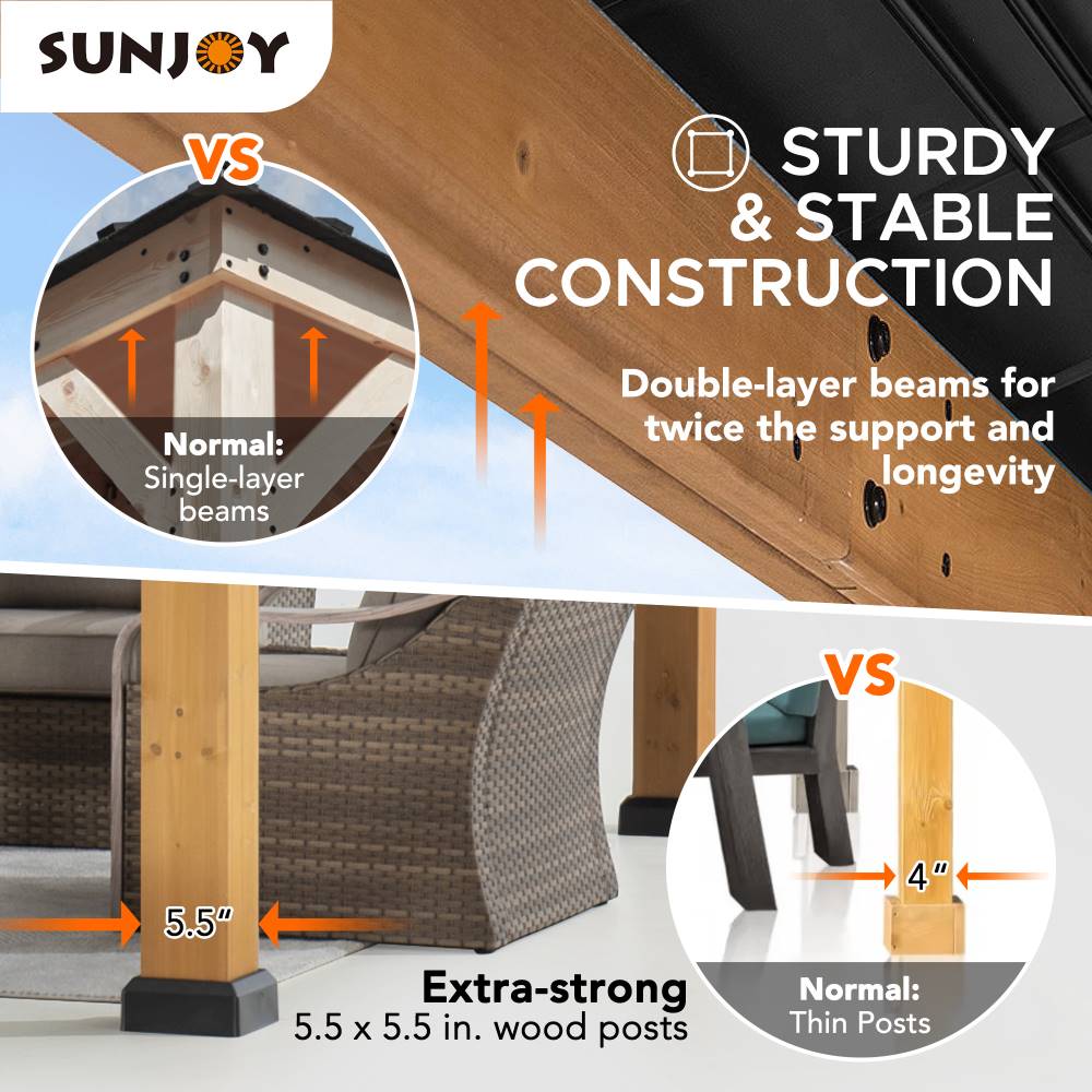 SUNJOY 11x13 Wooden Gazebo Kits with Skylight and Ceiling Hook.
