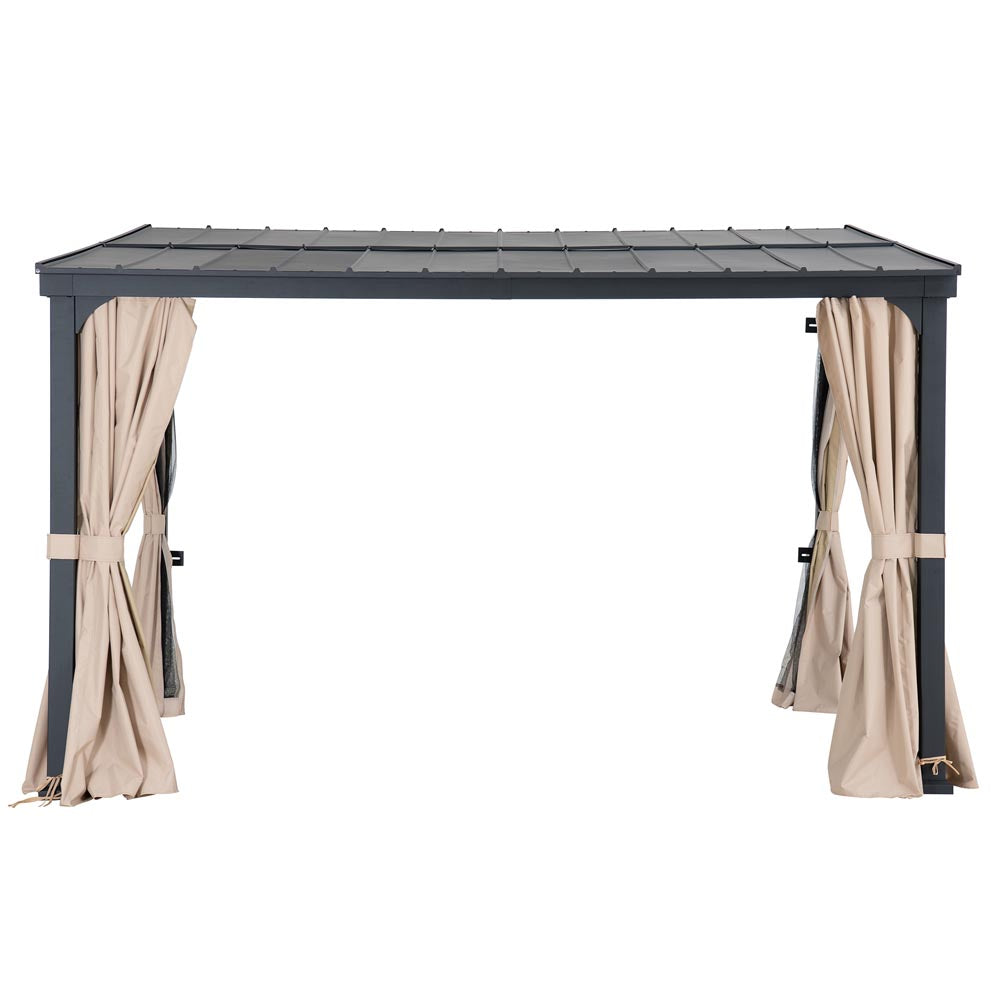 Sunjoy 10β x 12β Wall Mounted Gazebo, Black Aluminum & Metal Frame Lean to Gazebo with Curtains and Netting.