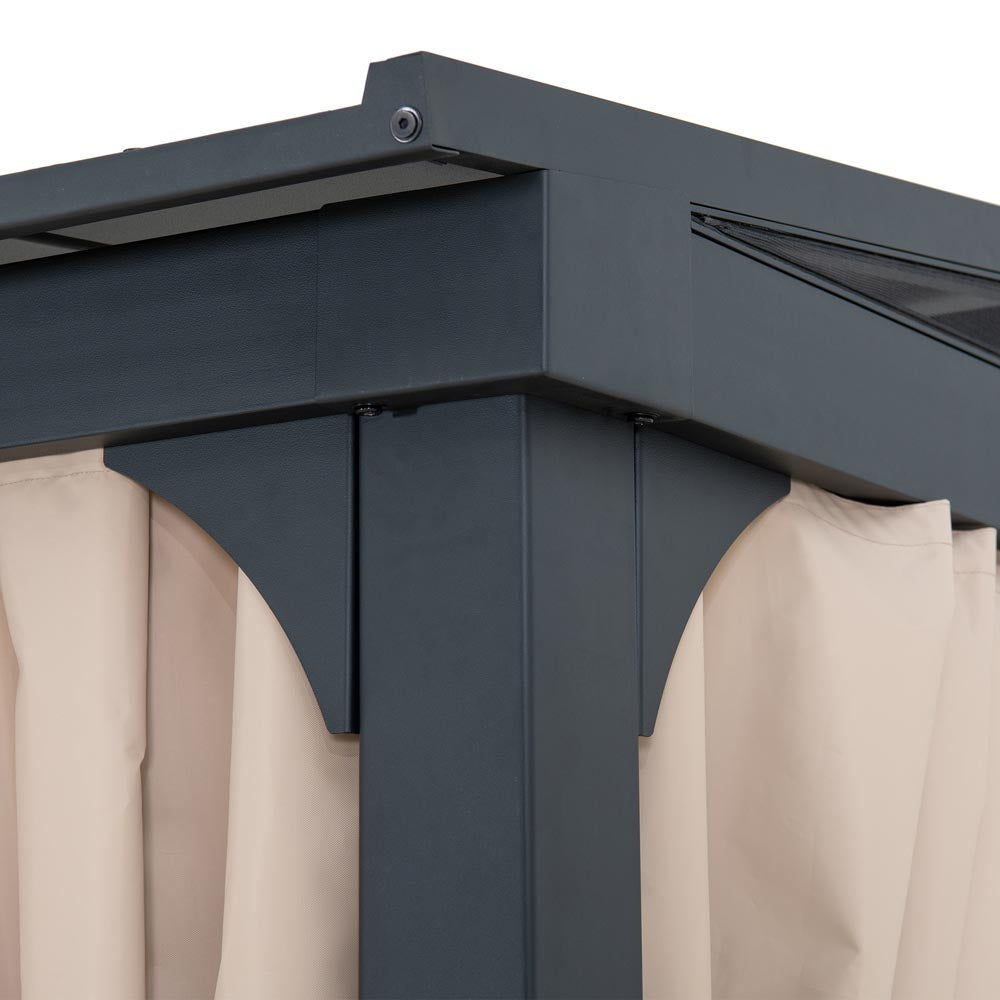 Sunjoy 10β x 12β Wall Mounted Gazebo, Black Aluminum & Metal Frame Lean to Gazebo with Curtains and Netting.