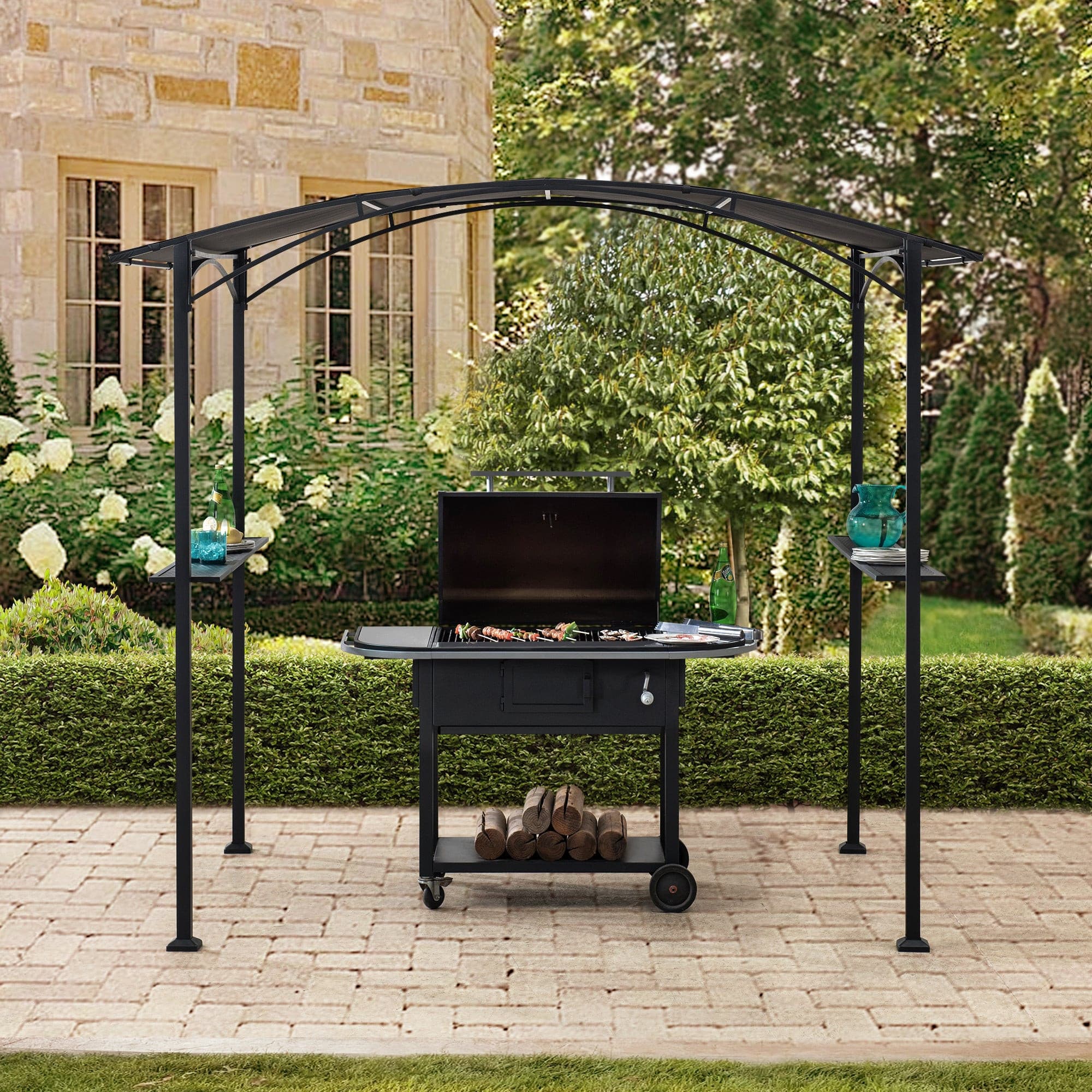 SUNJOY 5x8 Outdoor Grill Gazebo with Arch Canopy and Bar Shelves.