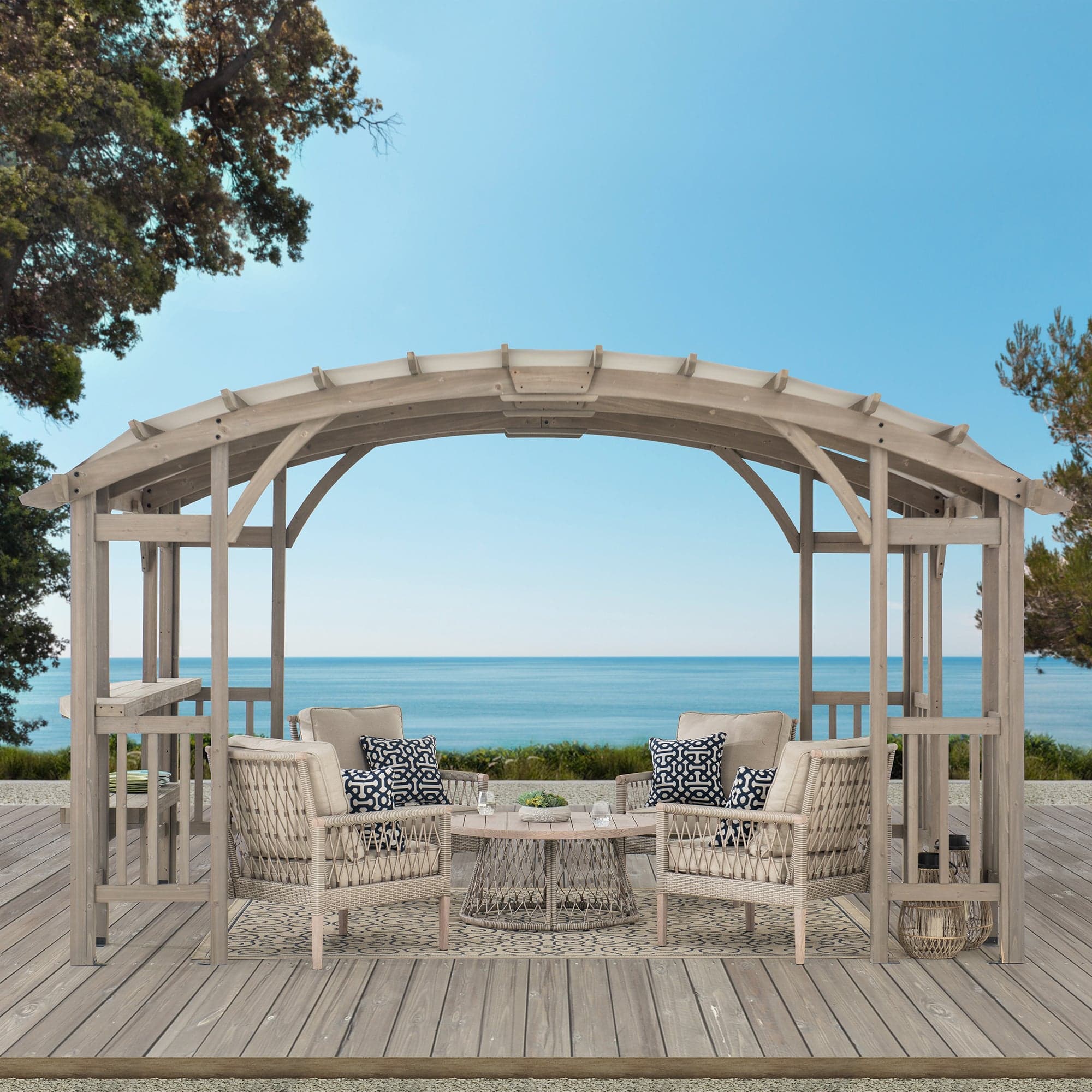 SUNJOY 10x14 Wood Pergola with Sunshade and Shelves.