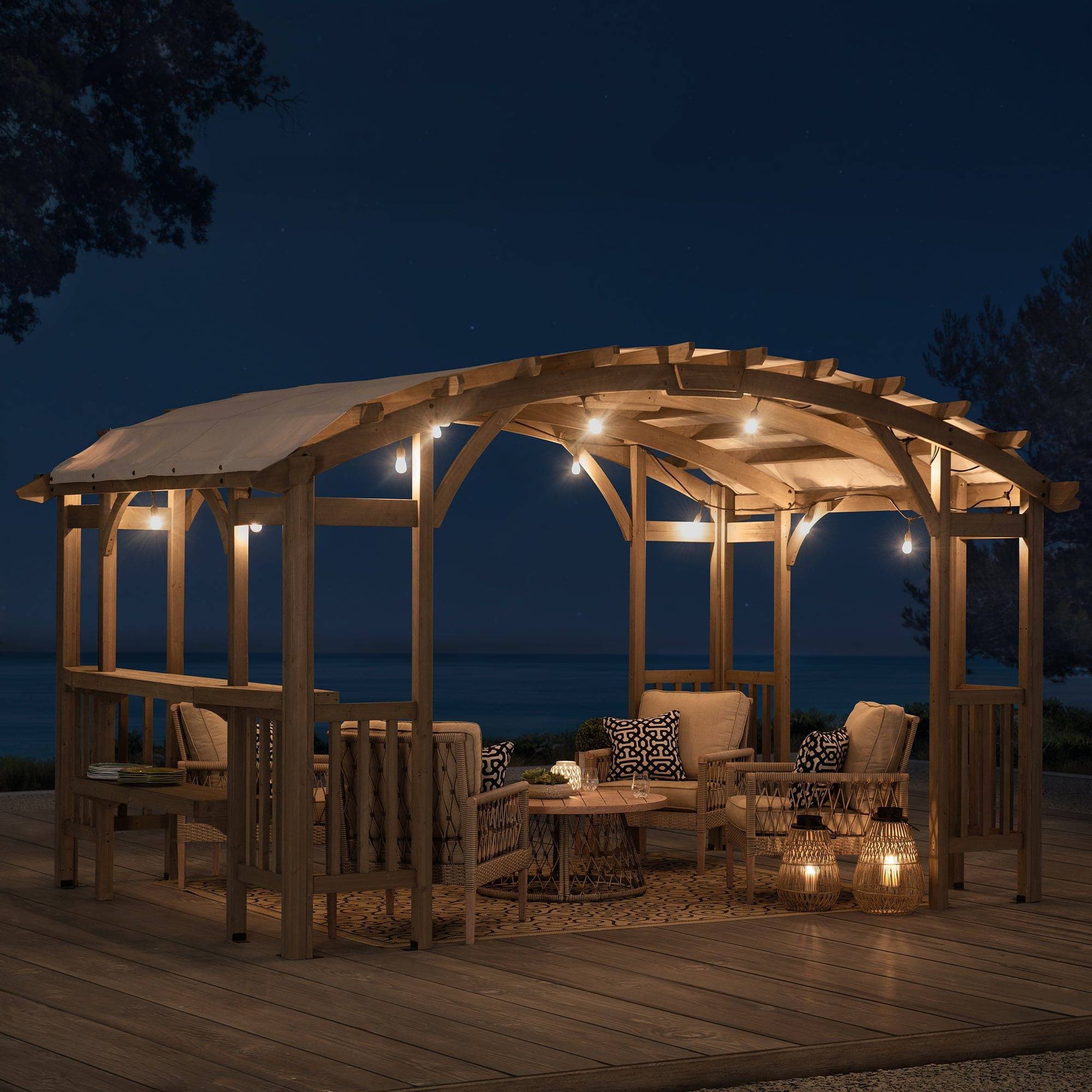 SUNJOY 10x14 Wood Pergola with Sunshade and Shelves.