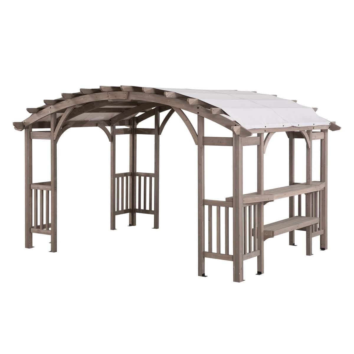 SUNJOY 10x14 Wood Pergola with Sunshade and Shelves.