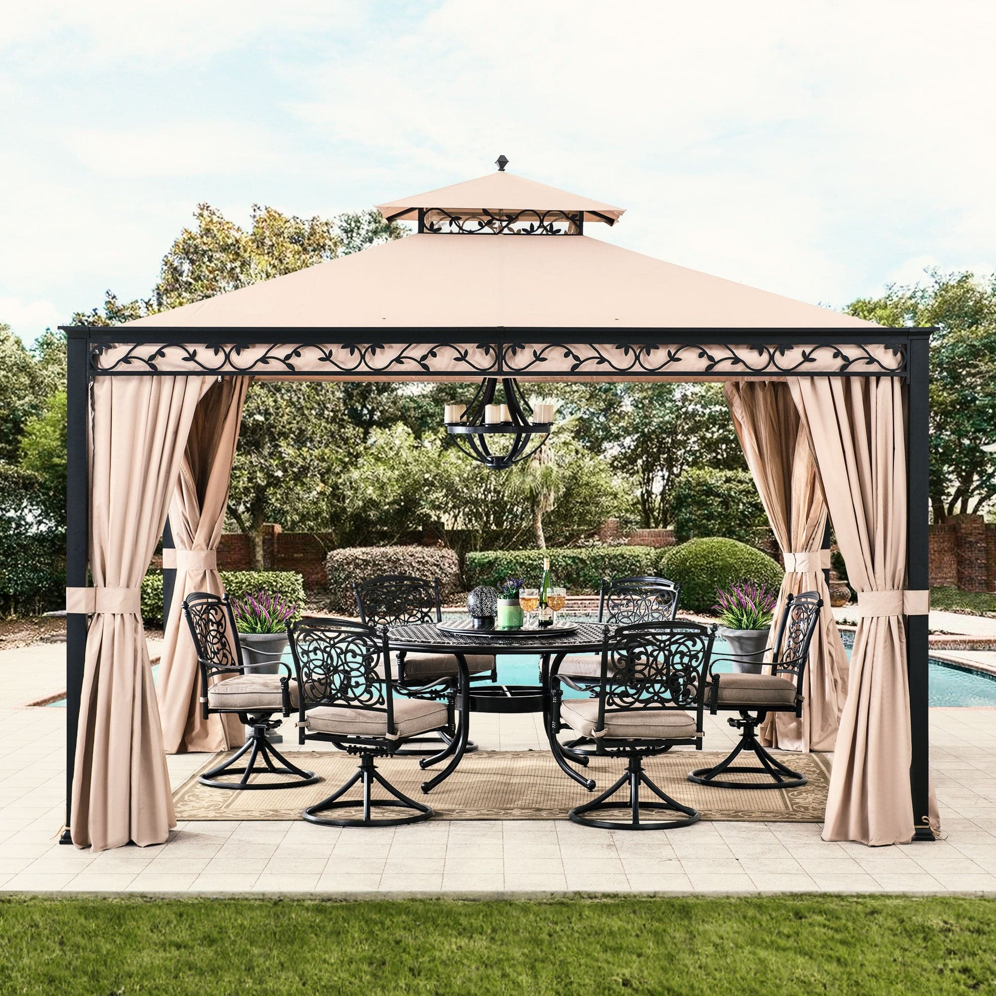 SUNJOY 10x12 Steel Patio Gazebo with Netting and Curtain.